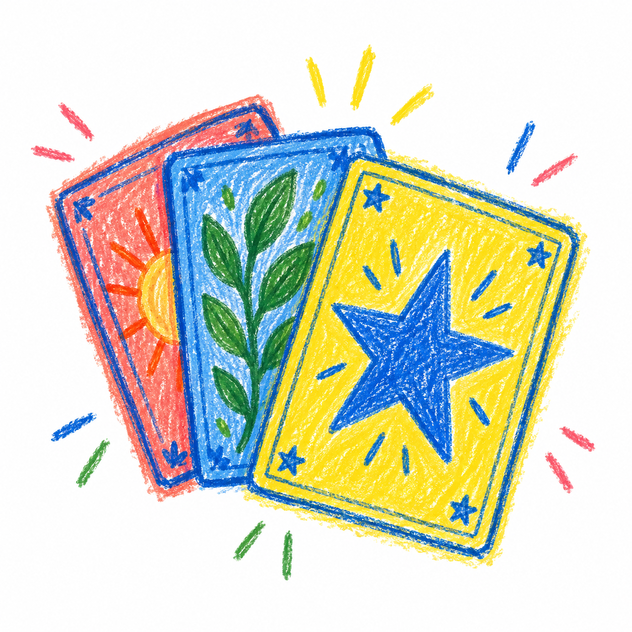 Drie kleurrijke verzamelkaarten, getekend met kleurpotlood.