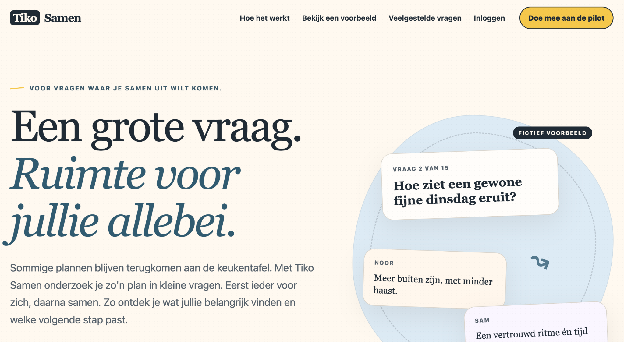 Tiko Samen: een grote vraag, ruimte voor jullie allebei. Een voorbeeldvraag met persoonlijke antwoorden.